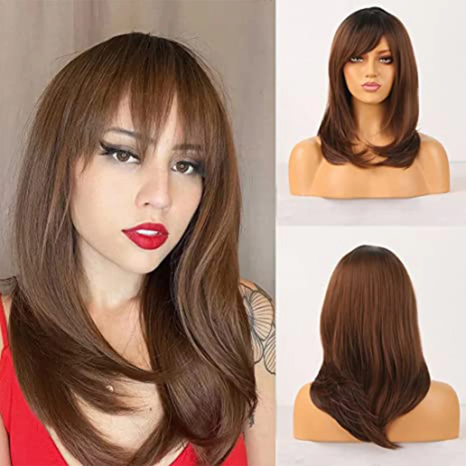 

Ombre Brown Wigs with Bangs Heat Friendly Black Roots Lace Front Synthetic Fringe Wigs Natural Looking Natural Wave Short Hair
