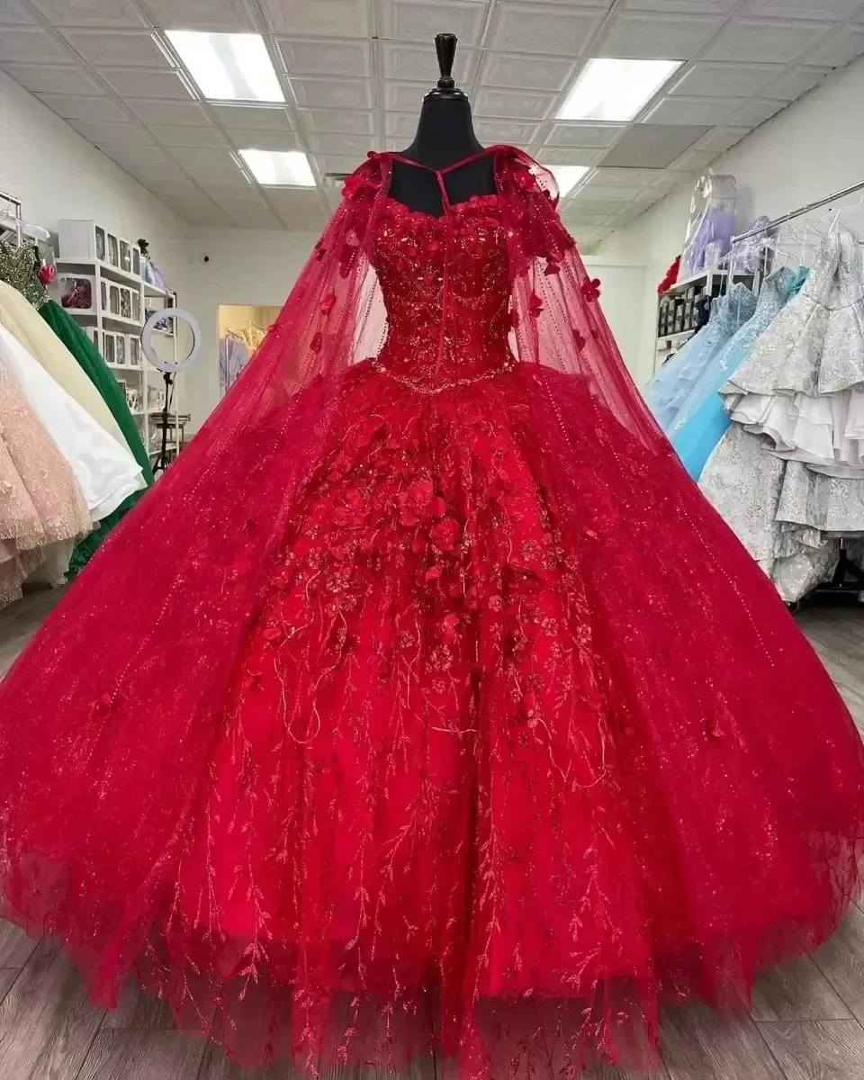 

Burgundy Off-Shoulder Quinceanera Dresses With Cape Vestidos De 15 Anos Lace 3D Flower Birthday Party Gowns HOt