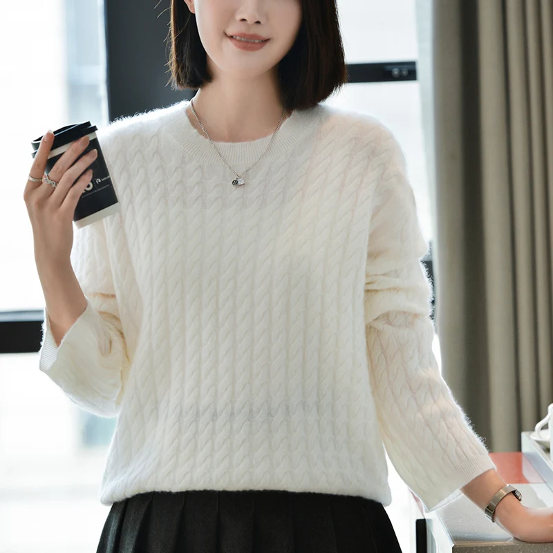 Женский свитер из мериносовой шерсти с круглым вырезом и длинными рукавами