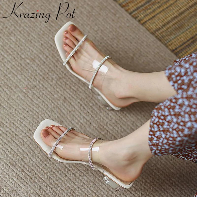 

Krazing Pot PVC Transparent Natural Leather Diamond High Heels Slip on Round Peep Toe Princess Slipper Summer Cozy Jelly Sandals