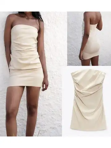 New Ladies Summer Fashion Off Shoulder Straight Neck Pleated Fabric Back Seam Concealed Zipper Closure Linen Dress