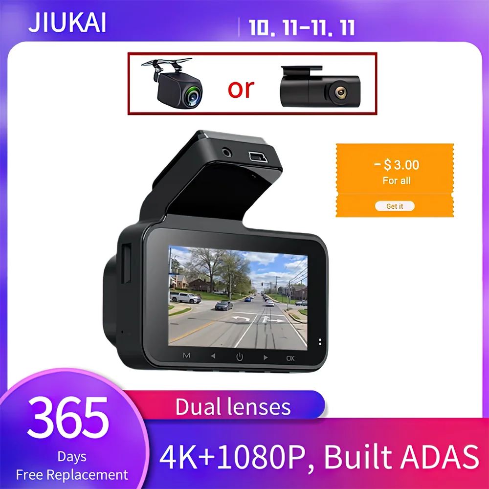 

JIUKAI Dash Cam Pro Plus+ S200 4K ADAS Camera Car DVR 24H Parking Support Rear Interior Large wide angle130FOV Recorder+WIFI+64G