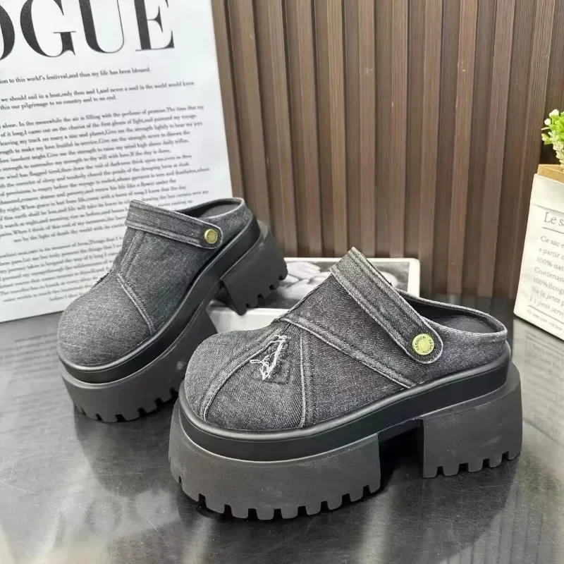 Летние женские тапочки джинсовые сандалии с круглым носком уличная повседневная