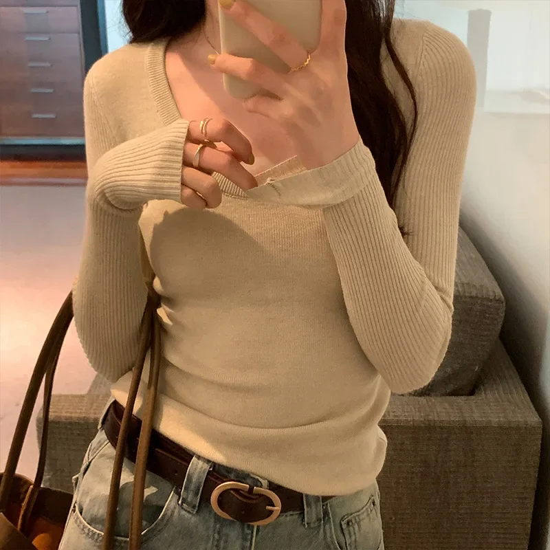 Осенняя новая женская трикотажная футболка для похудения с U-образным вырезом и