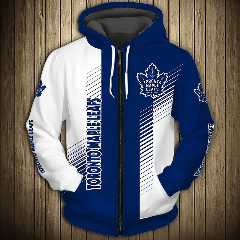 Toronto men's Casual 3D Zipper Hoodie White And Blue Stripes Stitching Graffiti Leaf Print Maple Leafs Sweatshirt