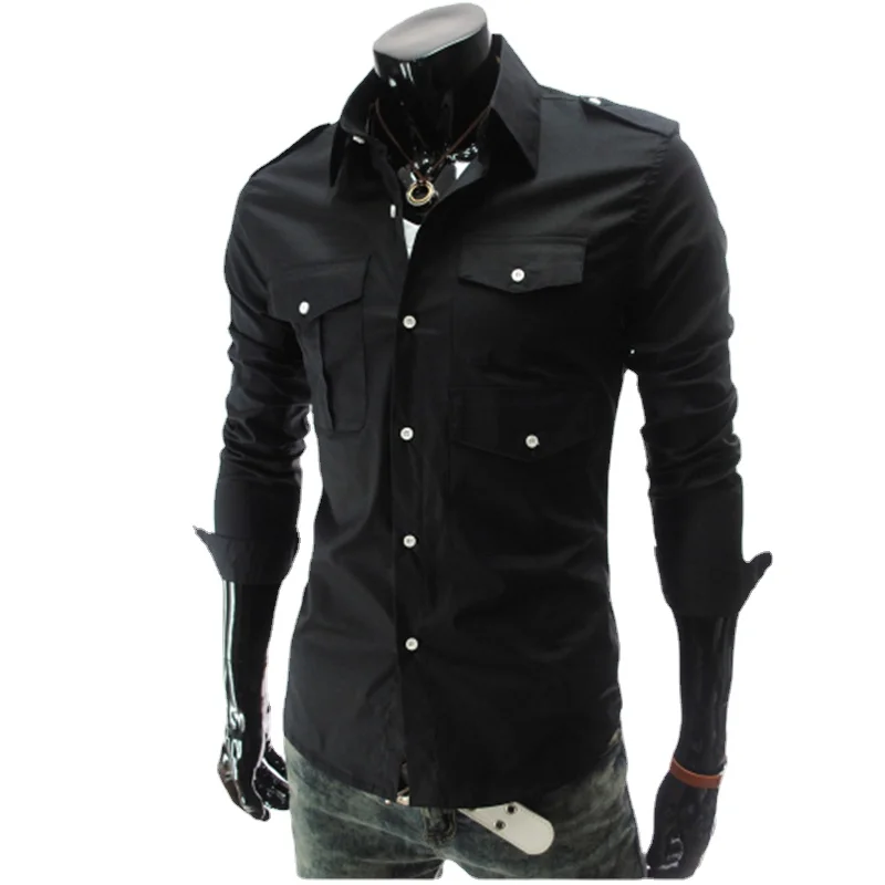 Autumn  and  Winter  Single  Row Twist Square Collar Pocket Epaulettes Men's Shirt Luxury Slim Business Casual Long Sleeve Shirt