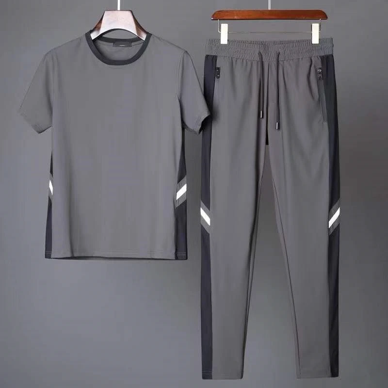 Summer Men's Casual Sports Set Ultrathin Quick Dried Ice Silk Top T-shirt+Pants Thin Casual Sports Men's Set