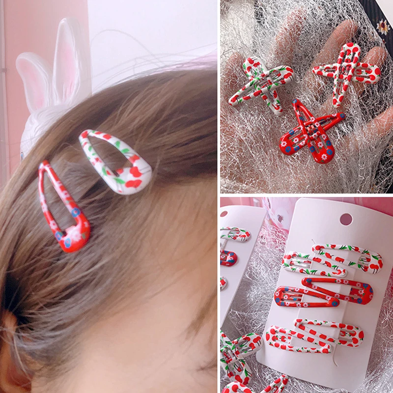 

6Pcs/Set Korean Cute Print Flower Cherry Snap Hair Clips Metal Hairpins Barrettes for Women Girls Cute Hair Clip 2022