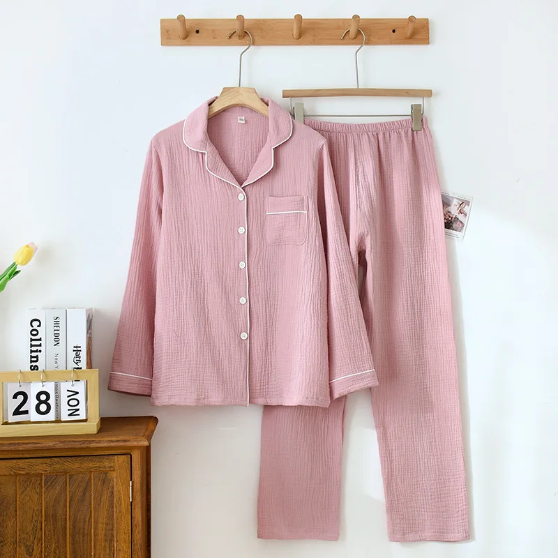 Home Suit for Women Pajamas New Gauze Sleepwear Women's Pajamas Free Shipping Lapel Cotton Long Sleeve Summer Thin Style Crepe