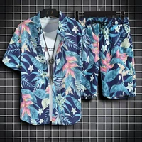 mens printed suit summer beach suit mens short sleeve shirt large size loose hawaiian quick drying casual shorts pair suit