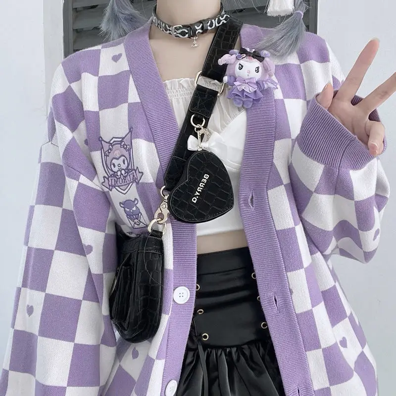 

Kawaii Sanrio Checkerboard Jumper Cardigan Cinnamoroll My Melody Kuromi Jk Uniform Sweater Cardigan College Style Anime Girl Top