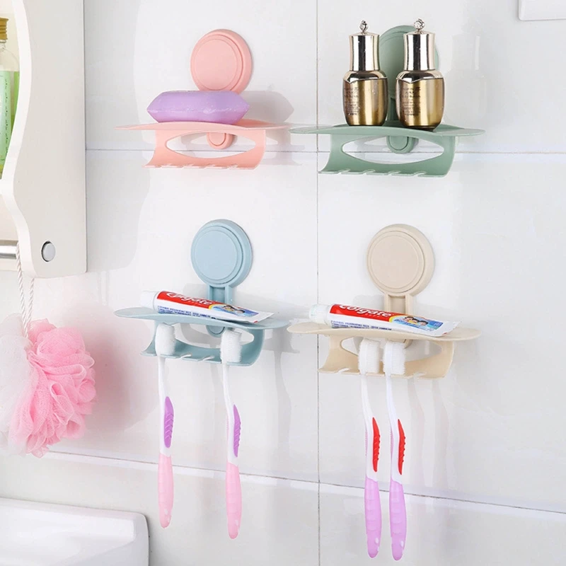 

Wall Mounted Suction Cup Toothbrush Holder with Storage Tray Organizer