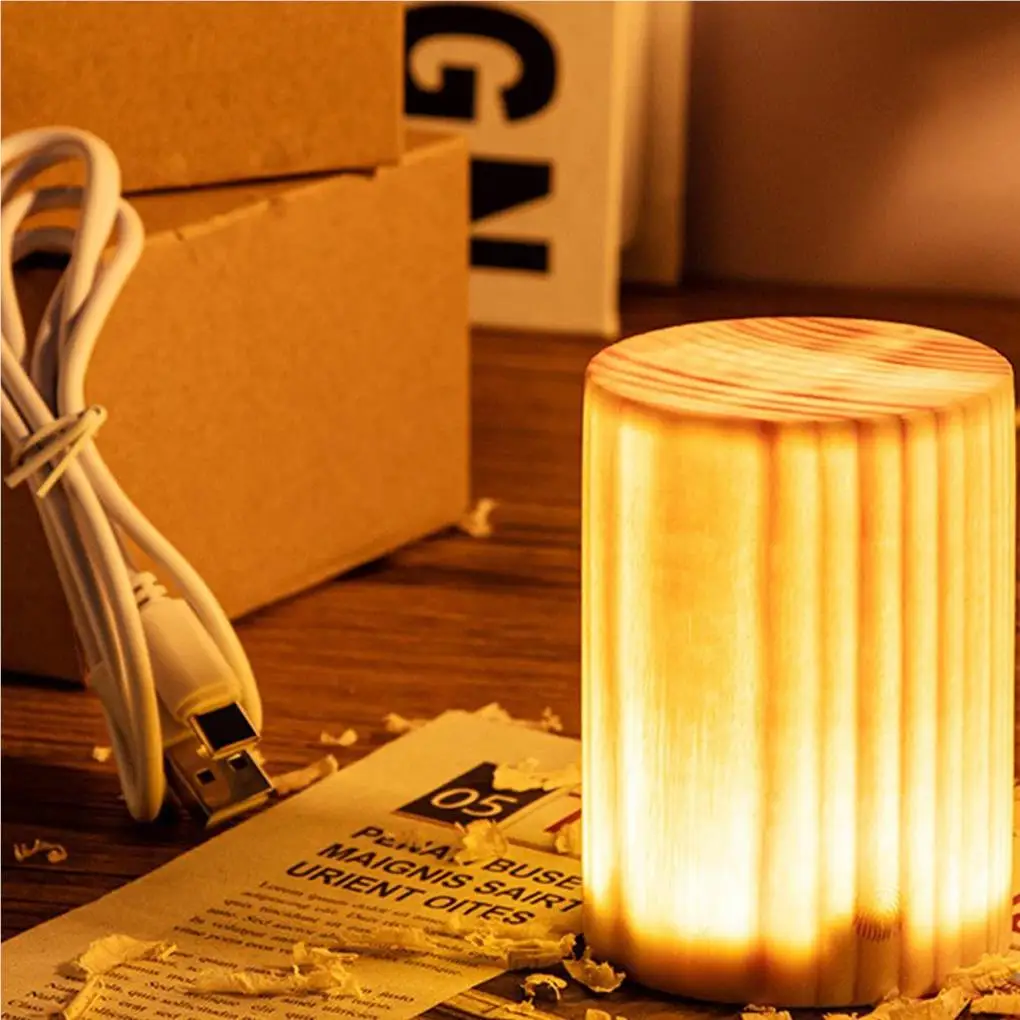 

LED Table Lamp Wood Grain Bedside Charging Night Lights Nigh-light