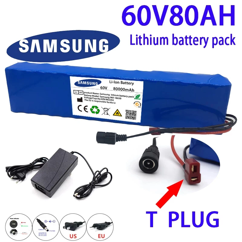 

Scooter 18650 Lithium Ion E-Bike Battery Pack New 60V 80000mAH Electric Bike 80Ah 16S2P With BMS + 67.2V Charger