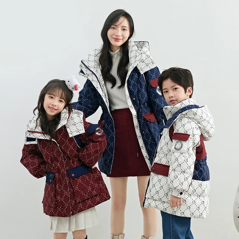 

Sanrio аниме Hellokitty мультфильм пуховик Печатный пункт Корейская версия теплая куртка средней длины с капюшоном для родителей и детей