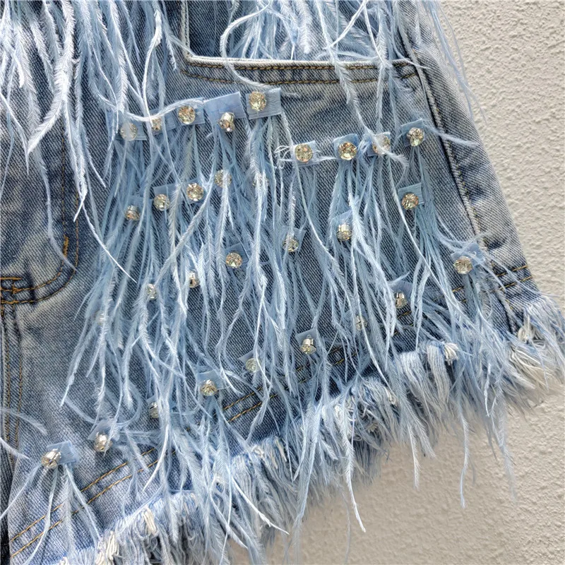 LXUNYI Summer New 2023 Ostrich Hair Design Shorts Women Denim Patchwork Tassel Fashion Wide Leg Heavy Diamond Jeans Pants