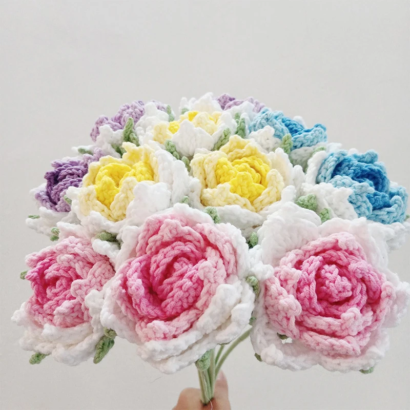 

Knitted Rose Flower Head Fake Flowers Wedding Decoration Hand-woven Home Table Decorate Creative Knitting Bouquet Decor Supplies