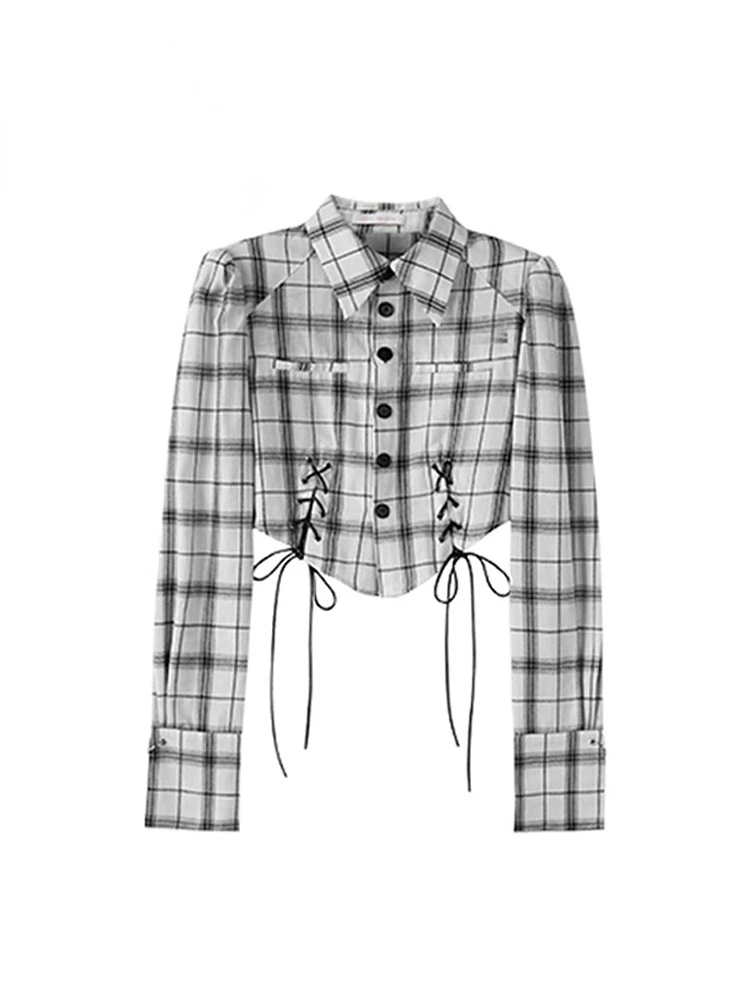 

Plaid Shirts Women Single Breasted Spring Autumn Korean Style Chic Popular Trendy Streetwear All-match Female Crop Top Lace Up