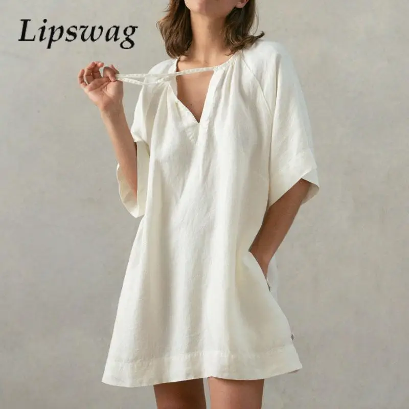 

Elegant Solid Color Loose Short Sleeve Dress Women'S Fashion V-Neck Strap Commuter Dress Summer Casual Office Dress Mini Dress
