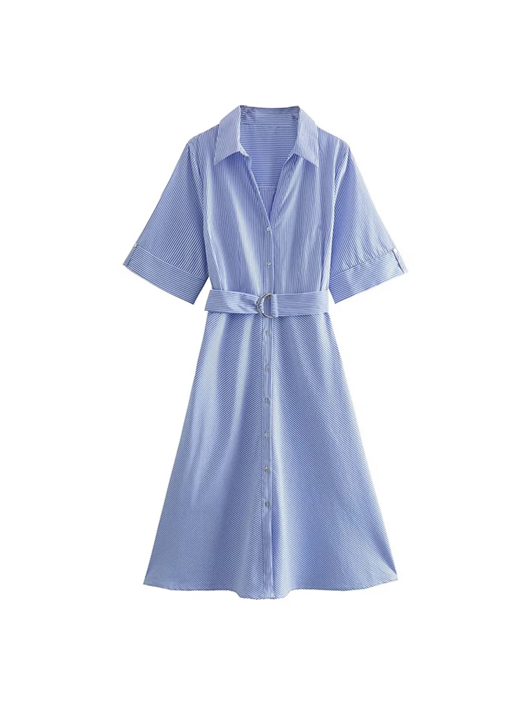 

Summer Blue Striped Shirt Dress Women Short Sleeve Single Breasted A-line Midi Dresses With Belt 2022 jurken