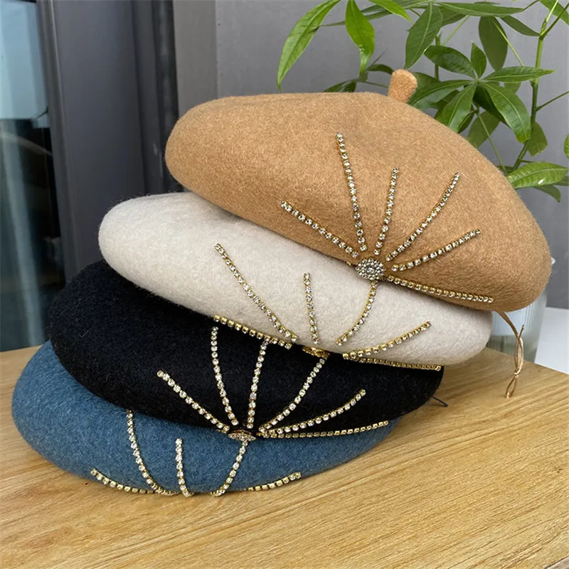 

202212-shi Прямая поставка форма полностью шерстяная ткань блестящие стразы подсолнухи улица Дамский берет Кепка женская шляпа художника для о...