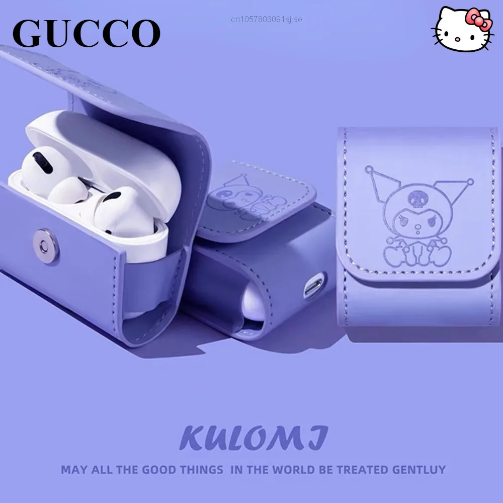 Nova sanrio kuromi roxo couro headset capa protetora airpods 3 geração sem fio fone de ouvido pro 2 caso coreano com pulseira
