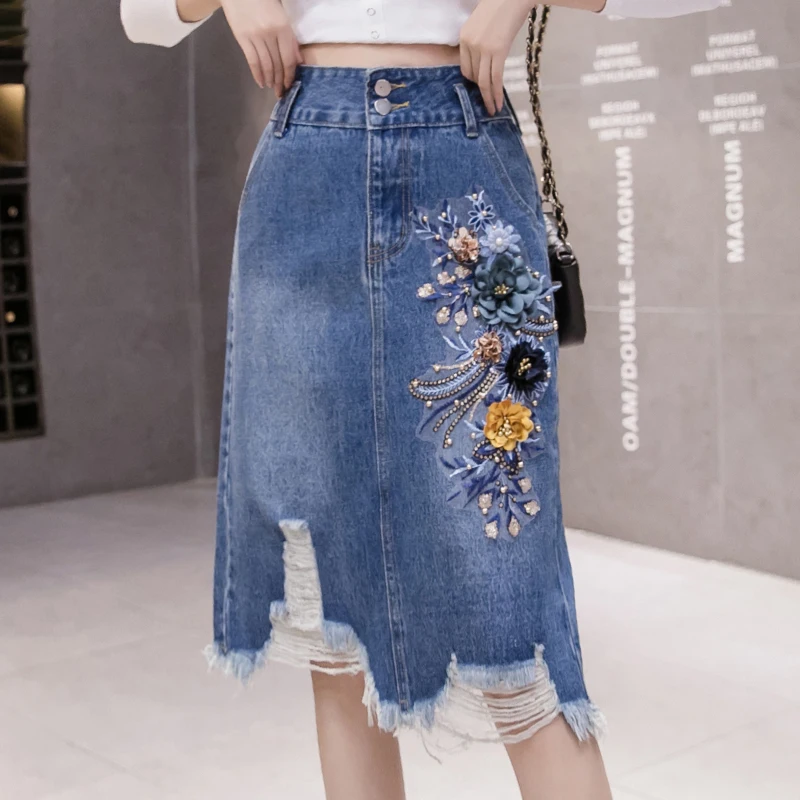 

Summer Fashion Women Distressed Hole Embriodered Tassel Denim Skirt Casual Embroidery Beading Flower Jeans Skirts