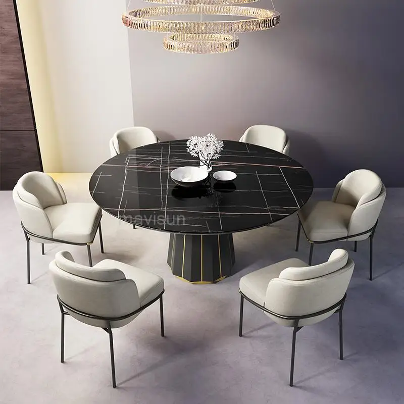 

Minimalist Circle Black Stone Marble Top Dining Table With Turntable Rural Style Dining Chairs 8 People Restaurant Furniture