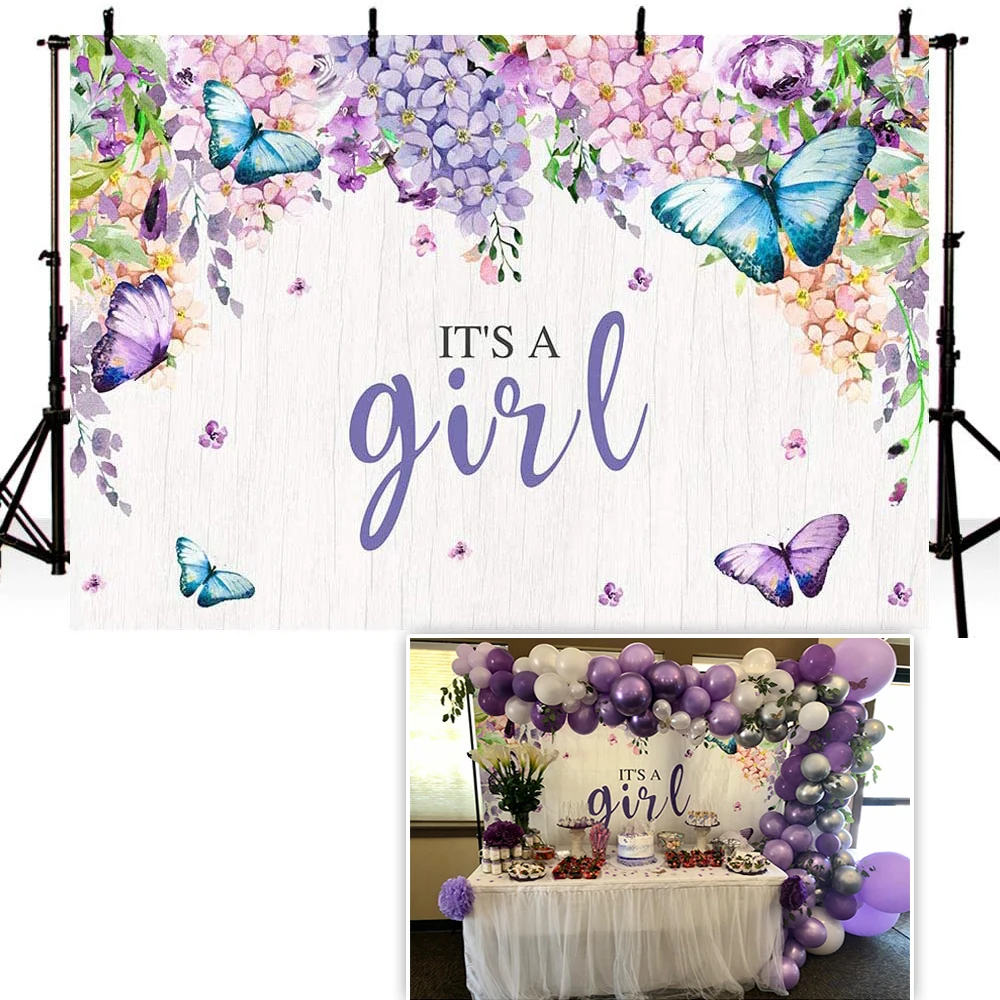 

It's a Girl Butterfly Baby Shower Party Backdrop Photography Backgrounds Purple Floral Fairy Spring Garden Table Banner Photo
