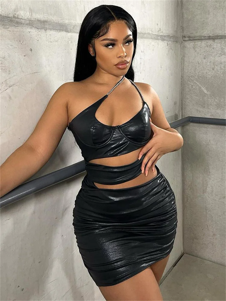 

CHRONSTYLE 2022 Summer Women PU Faux Leather Dress Hollow Out Diamonds Patchwork Strap Mini Dress Sexy Streetwear Party Vestidos