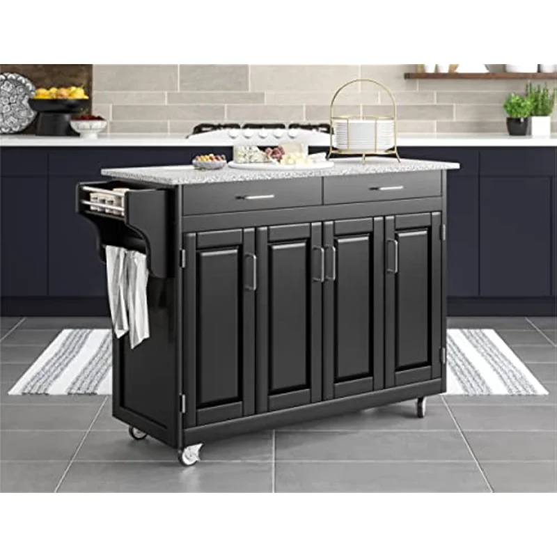 

Mobile Create-a-Cart Black Finish Four Door Cabinet Kitchen Cart with Gray Granite Top, Adjustable Shelving