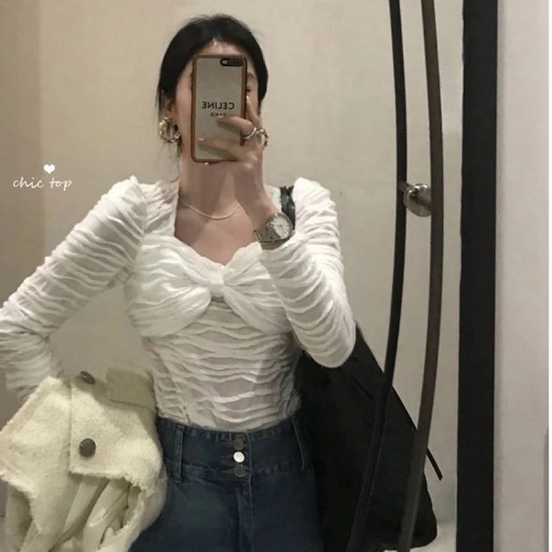 

Корейская шикарная плиссированная рубашка с бантом и воротником