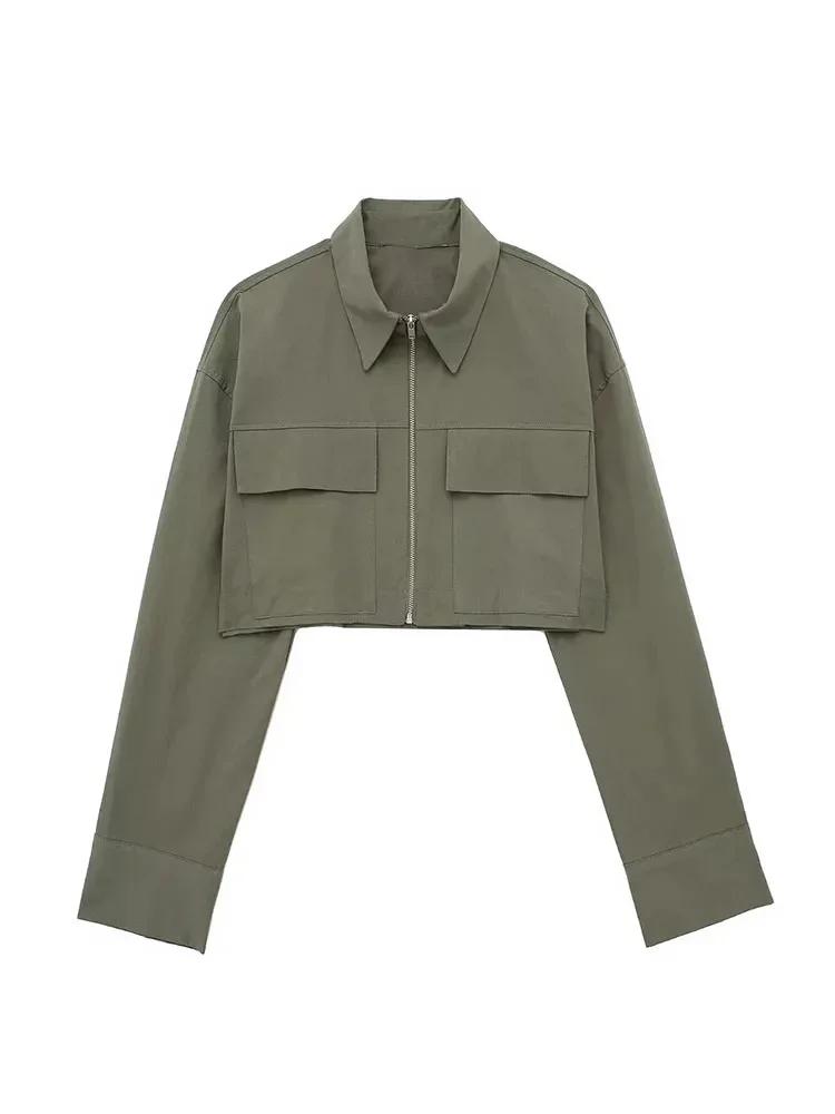 

HH TRAF Women's Fashion Cropped Jacket Square Neck Pocket Zipper Long Sleeve Tops Tops Fall Loose Casual Lapel Bomber Jacket