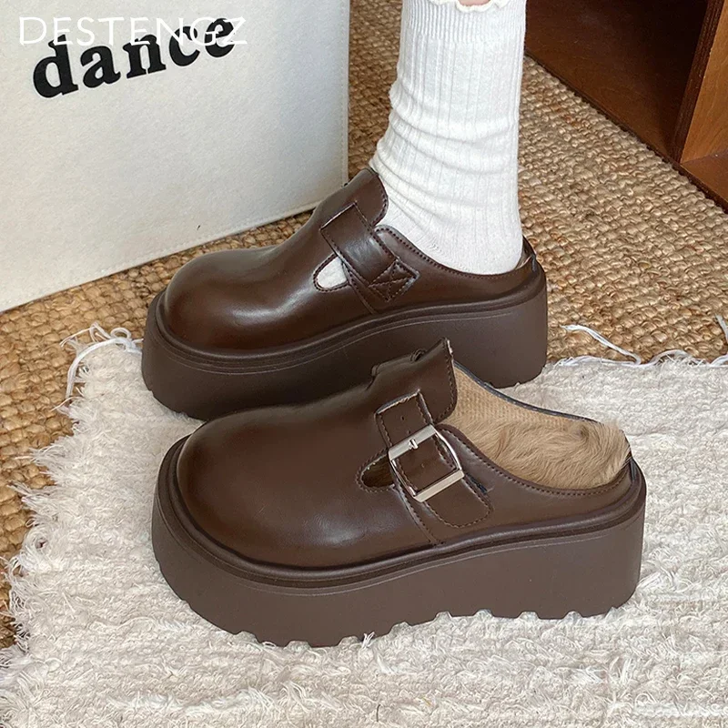 Женские хлопковые тапочки на платформе прогулочная кожаная обувь меху плоской