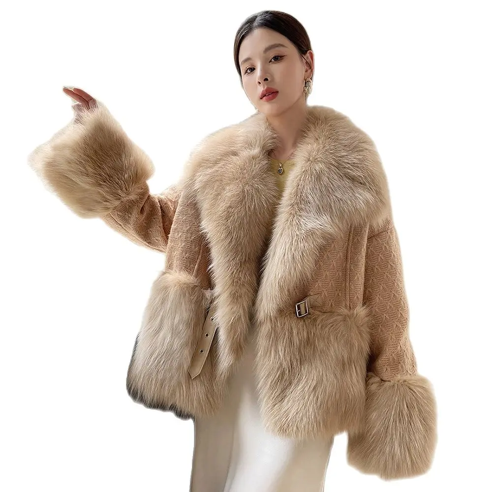 Women Real Fur Coat Autumn Winter Chic Big Fox Fur Collar Patchwork Wool Knitting Fur Jacket Loose Goose Down Filling Outerwear