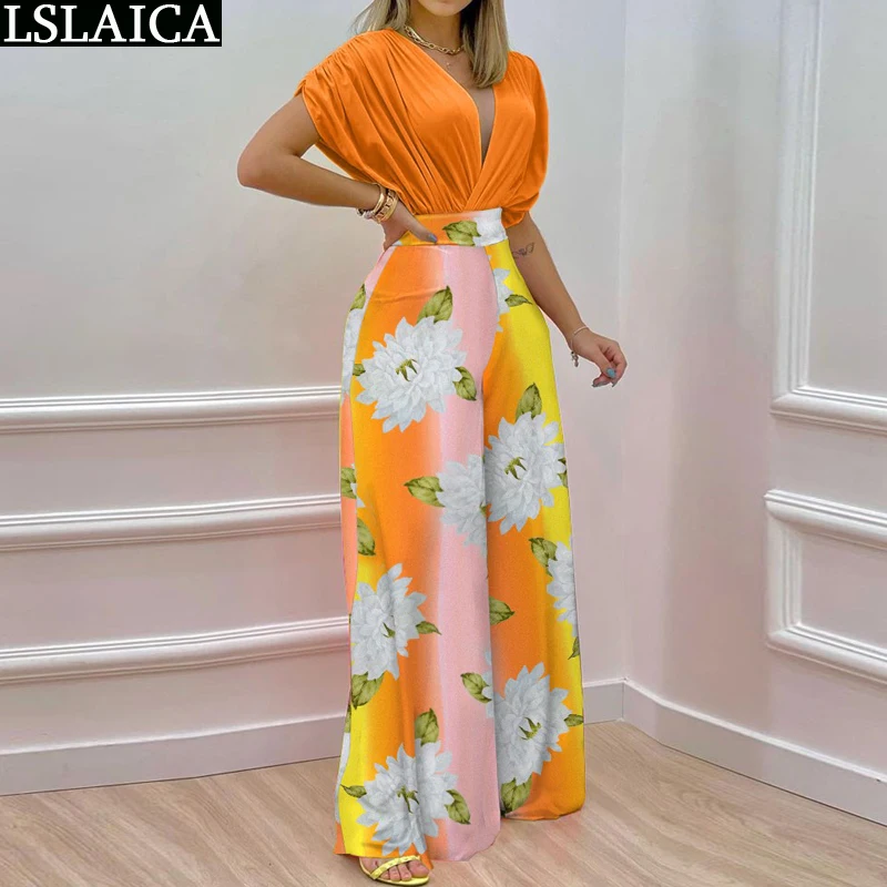 

Set Woman 2 Pieces Chic Summer Deep V-neck Tops and Long Pants Suit Fashion Printed Office Lady Elegant Wholesale Womens Outfits
