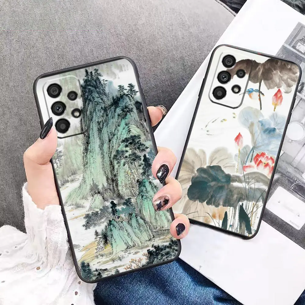 

Case For Samsung A21s A22 A23 A31 A32 A33 A41 A42 A51 A52 A52s A53 A71 A72 4G 5G Capa Case Funda Chinese Style Ink Painting Art