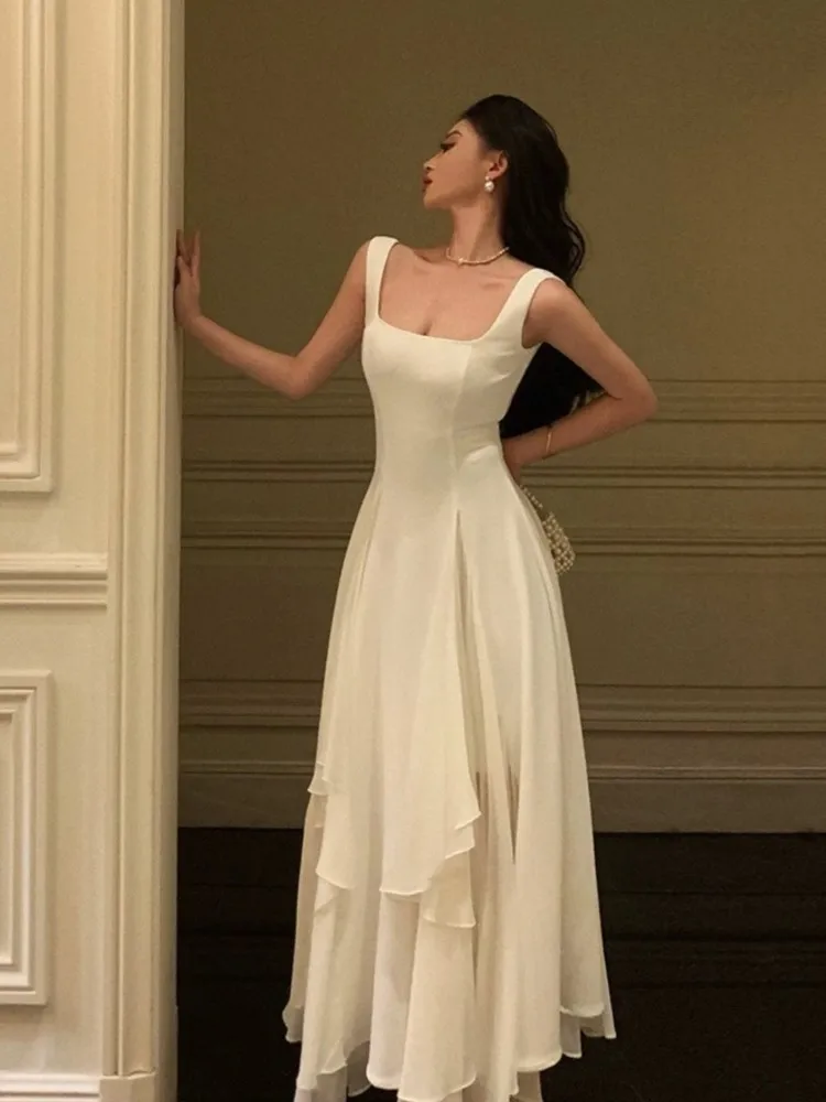 Летнее элегантное однотонное длинное платье-бретелька женское винтажное платье