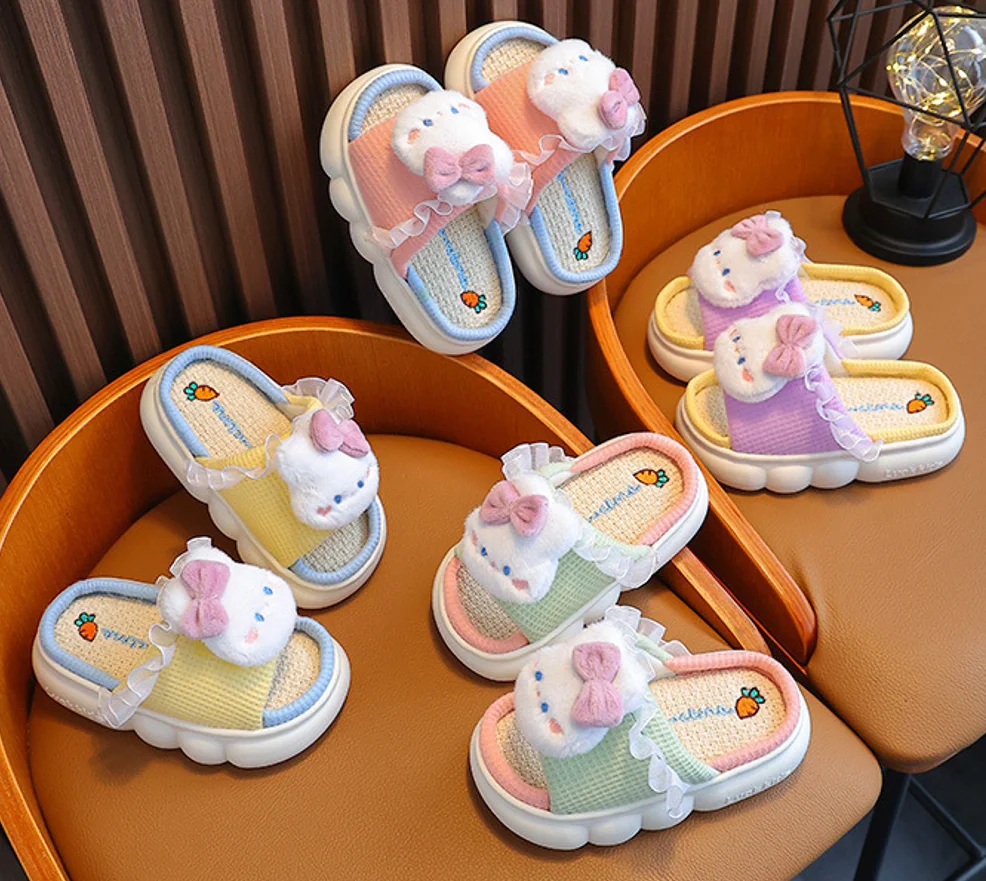 

Children's Girls Linen Cute Cartoon Bowknot Rabbit Slippers Home Comfortable Slippers Non-Slip Soft Breathable Flat Kids Slipper