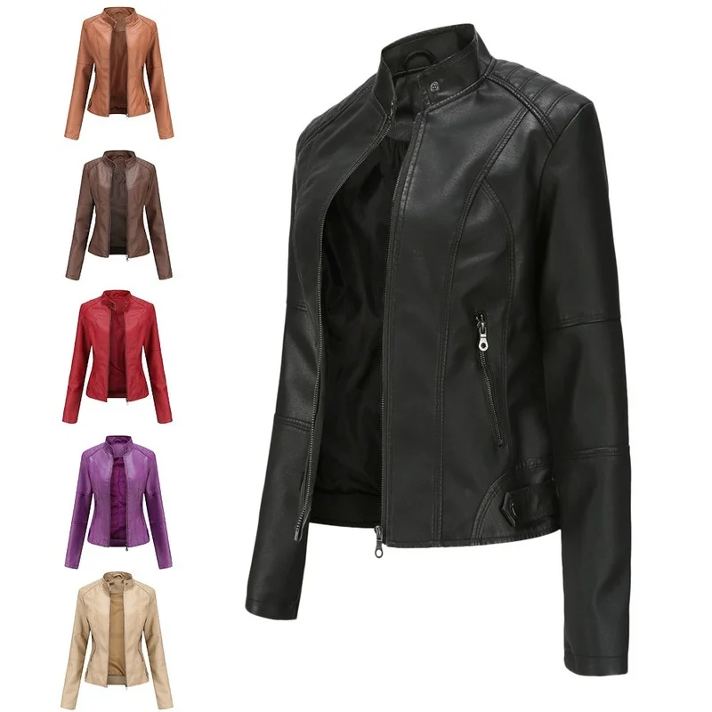 Leather Jacket Women's European Size Slim Leather Thin Spring and Autumn Coat Ladies Motorcycle Suit  Stand Collar