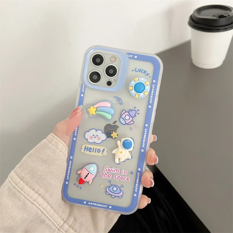

Cartoon Three-dimensional Cute Astronaut Pink Small Rocket Cover For iphone 11 12 13 Pro Max XR X Xs Max 7 8 Plus Phone Case