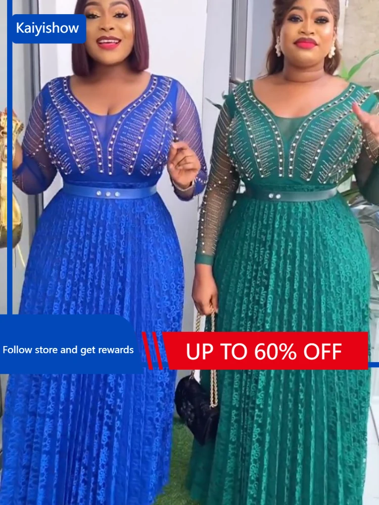 

Green Blue Polyester African Dresses for Women Summer Elegant African Long Sleeve V-neck Long Dress Maxi Dress African Robes