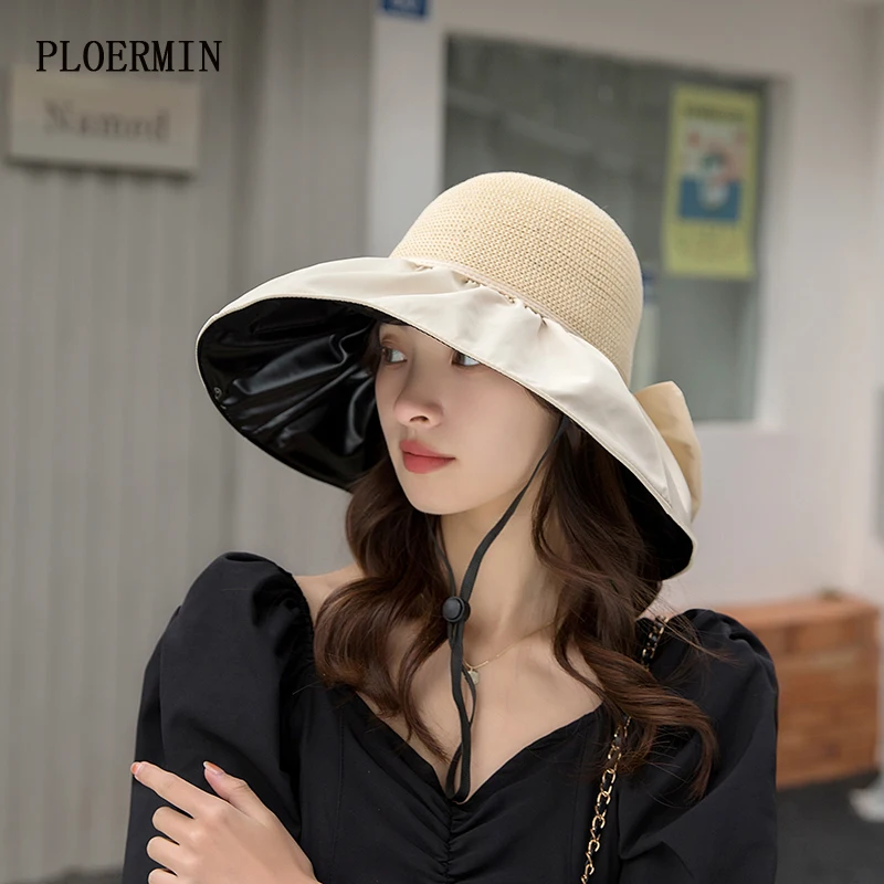 

2022 New Women Summer Super Large Wide Brim Beach Hats Elegant Bow Foldable Anti-UV Sun Hat Panama Female Sunscreen Cap Bonnet