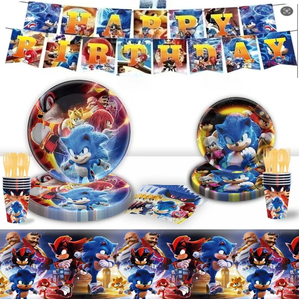 Фото Новые принадлежности для вечеринок Sonic 3, набор бумажной посуды для дня рождения для мальчиков, бумажная тарелка, чашки, салфетки, украшения для детского душа №1