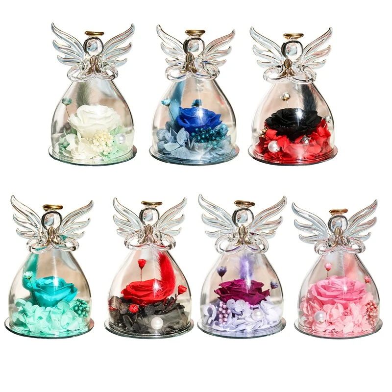 

Eternal Flower Rose Little Angel Glass Cover Diy Dried Flower Preserved Flower Valentine's Day Christmas Decoration Gift