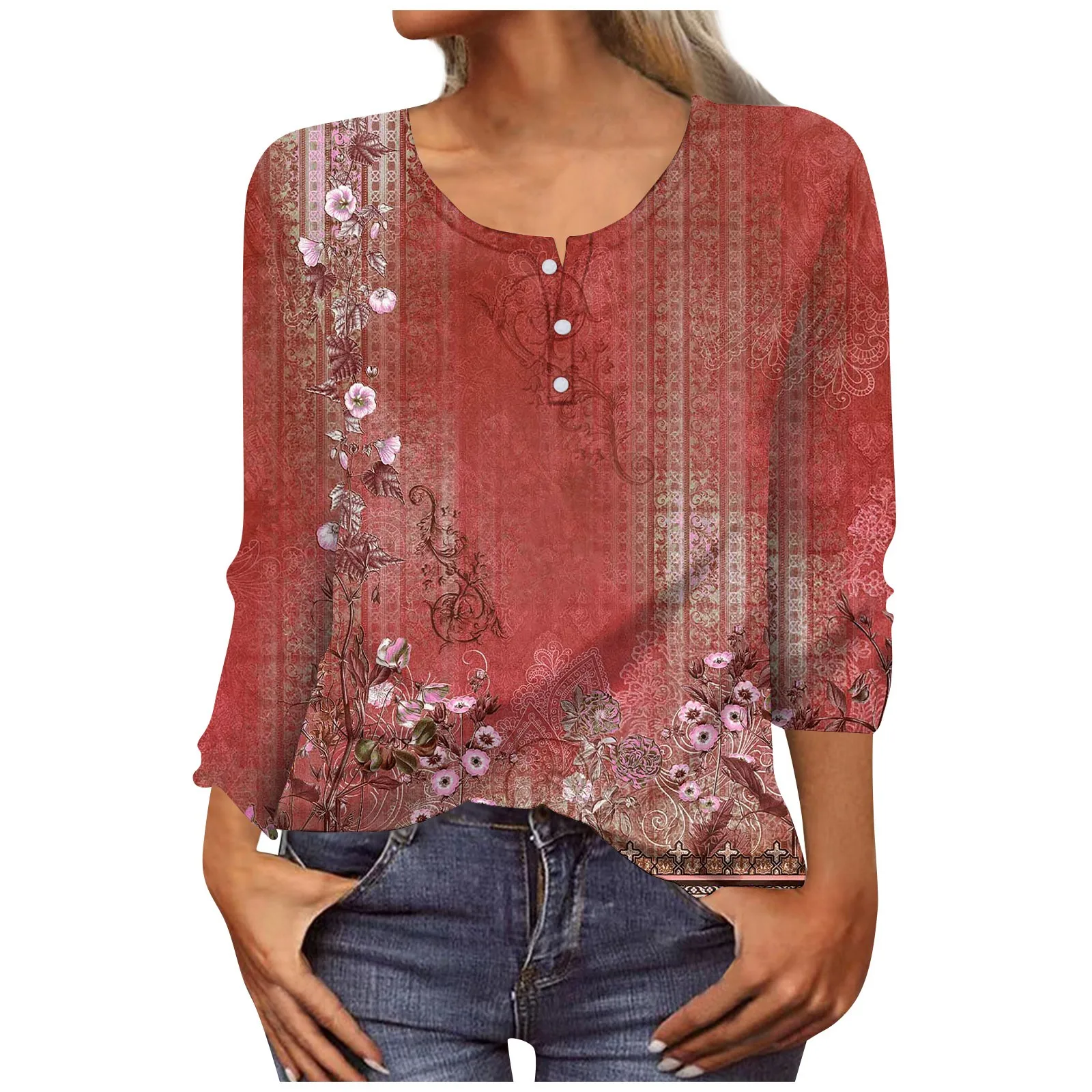

Summer Women'S Fashion Casual Long Sleeve Flower Buttons Print U-Neck Pullover Top Blouse Top Women Fashion Woman Blouse 2023