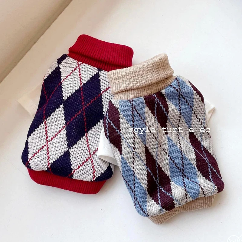 Pet Clothes Autumn Winter Medium Small Dog Knitted Sweater Fashion Plaid Sweatshirt Warm Wool Kitten Puppy Sweet Pullover Poodle