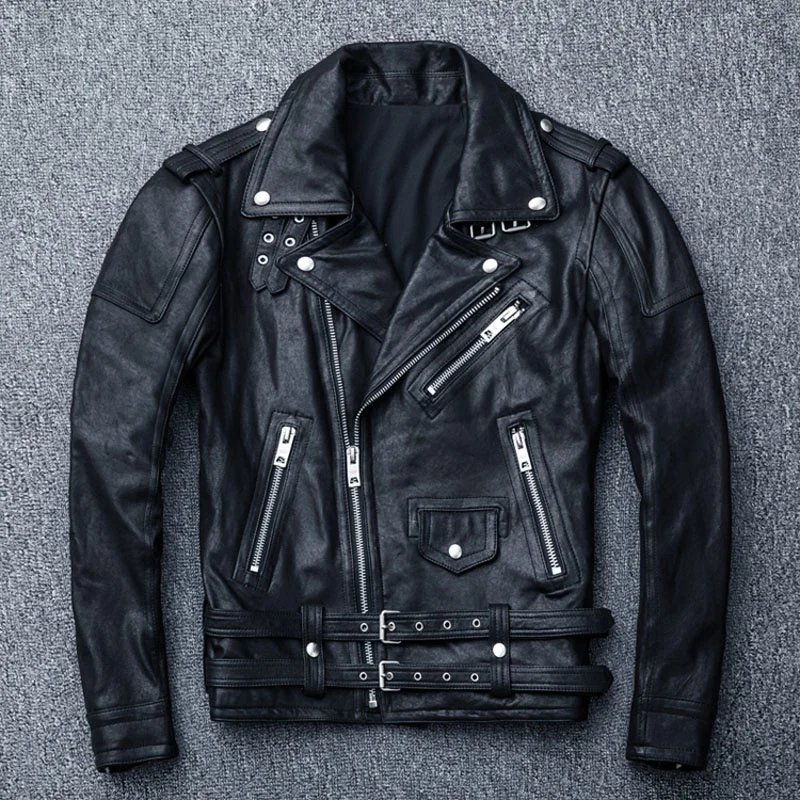 

Мужская мотоциклетная куртка из 100% натуральной овечьей шкуры, Черная мягкая Байкерская Одежда большого размера, весеннее пальто