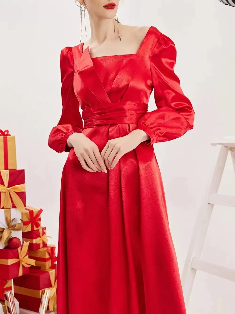 Elegan Women Prom Long Dresses 2023 New Red Long Sleeve Slim Pleated Fashion Dress Female Homecoming Party Formal Dresses