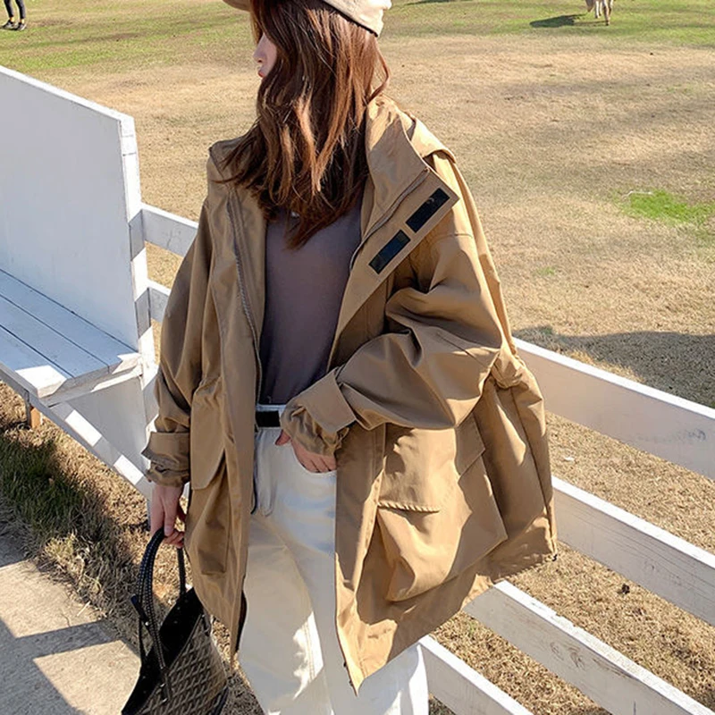 

Hooded Oversized Trench Coats for Women 2022 Autumn Zipper Up Loose Khaki Jackets Woman Solid Color Drawstring Pockets Coats